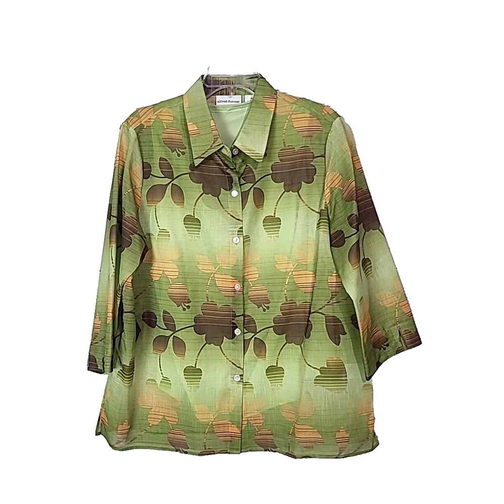 Alfred Dunner Green Floral Button Front 3/4 Sleeve Career Top Womans Size 16‎